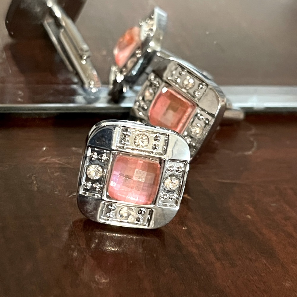 Sterling Silver and Pink Gem Cuff Link Set